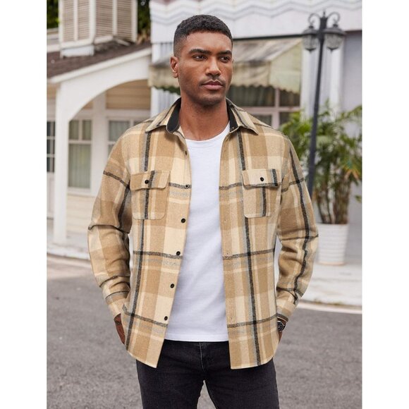 Men Khaki Flannel Shirts Long Sleeve Cotton Plaid Shirt Casual Button Down Shirt - Picture 3 of 8